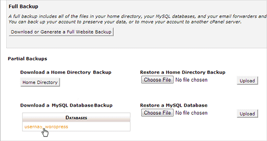 Download a WordPress database backup using cPanel