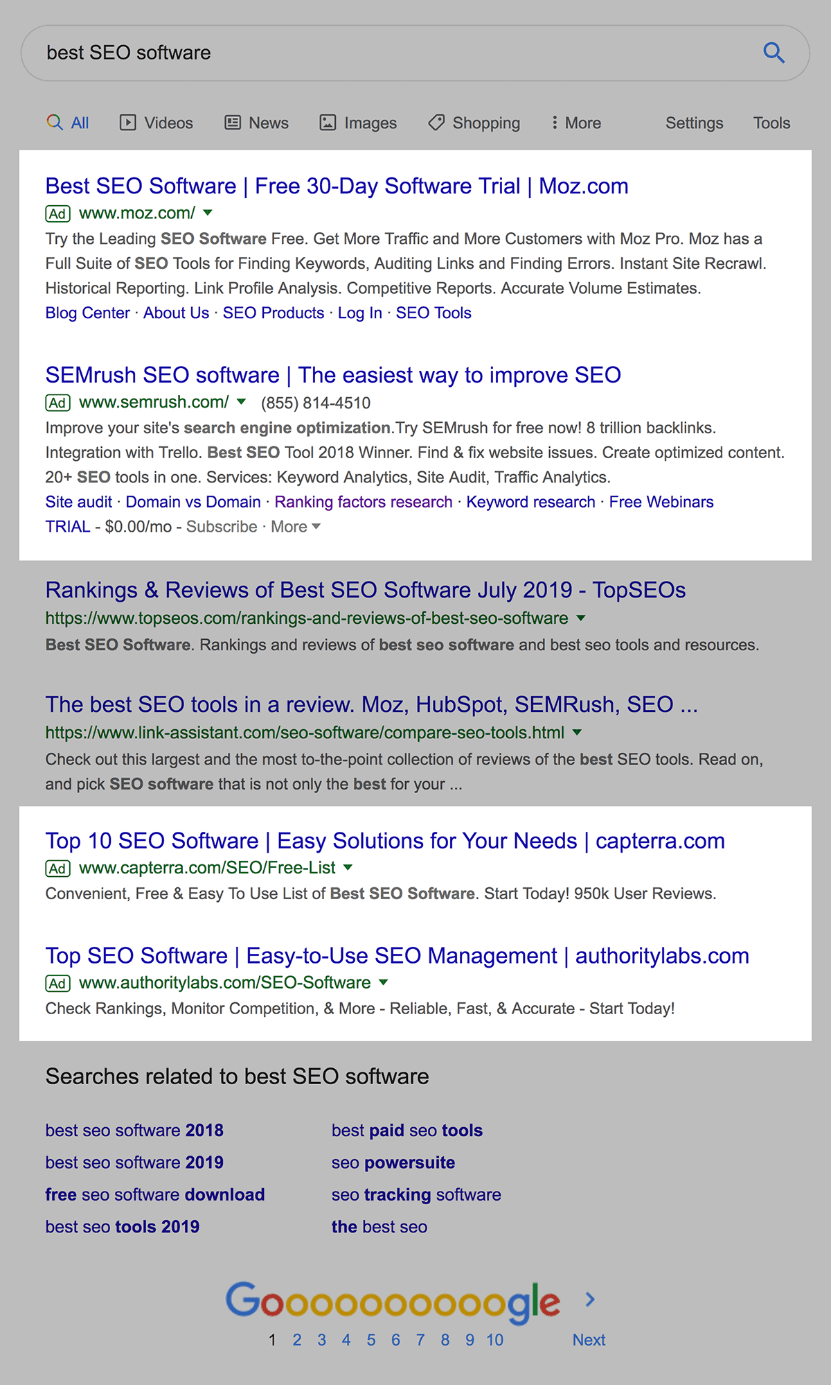 ads at top and bottom of serps page