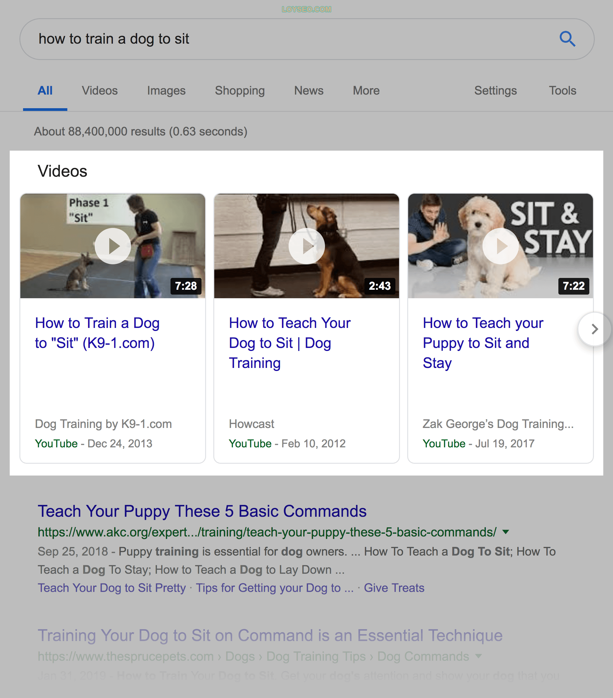 “how to train a dog to sit” SERPs – Video "how to train a dog to sit" SERPs – Video