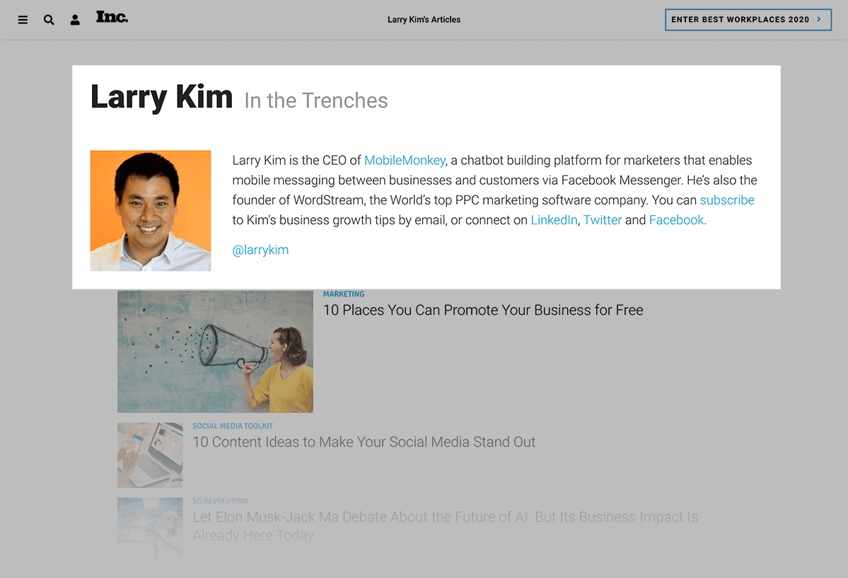 Larry Kim guest posting on Inc.