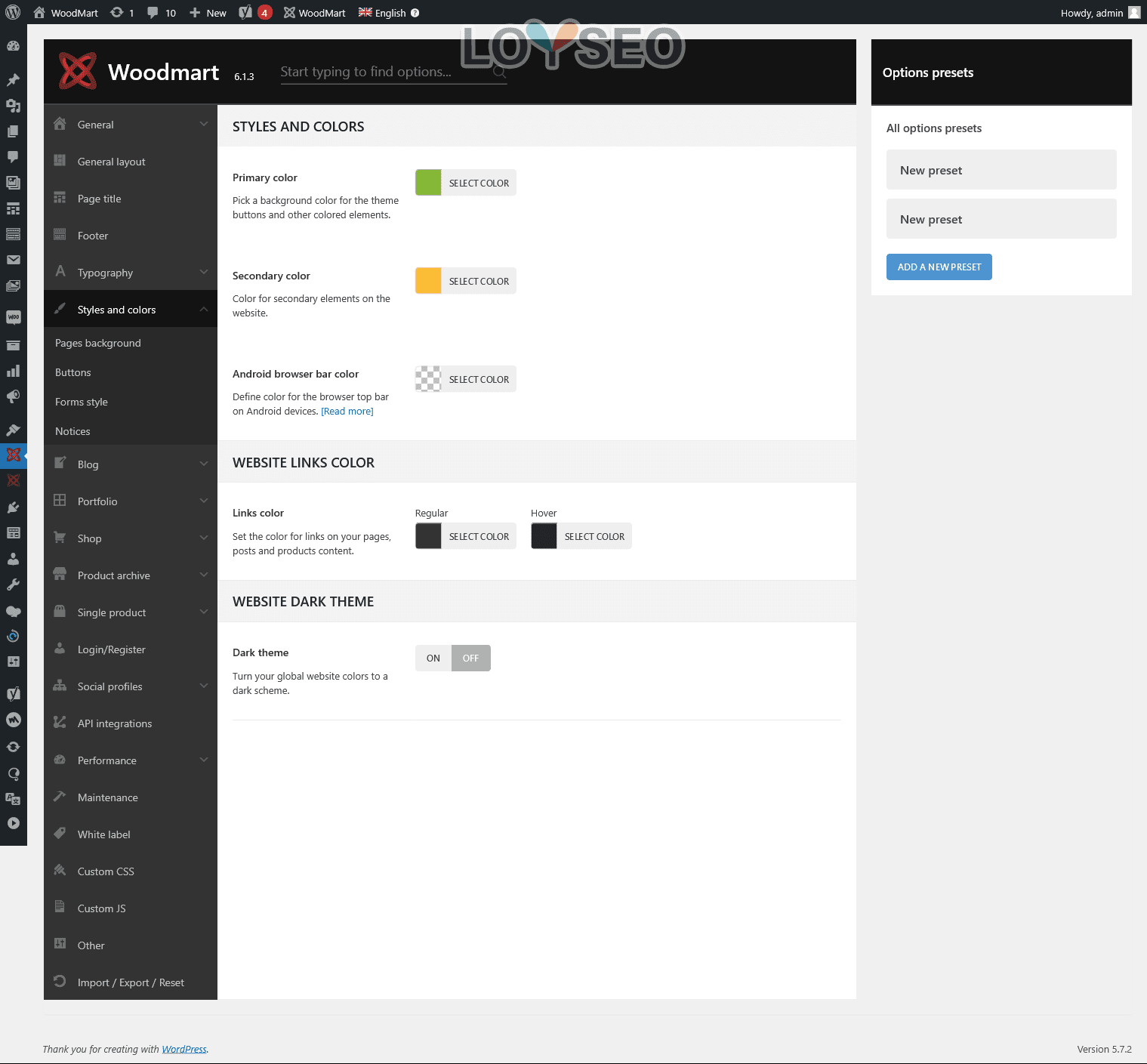 WoodMart主題設置面板