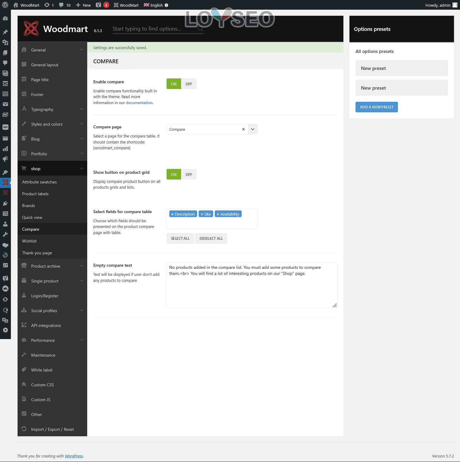 WoodMart主題設置面板