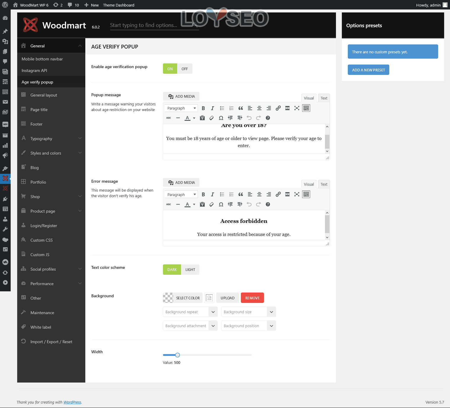 WoodMart主題設置面板