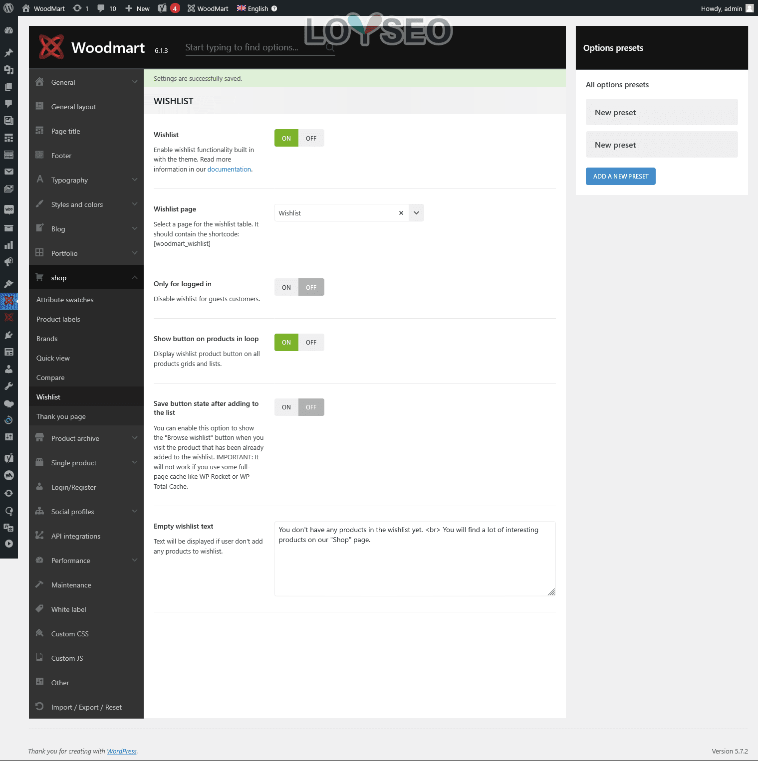 WoodMart主題設置面板