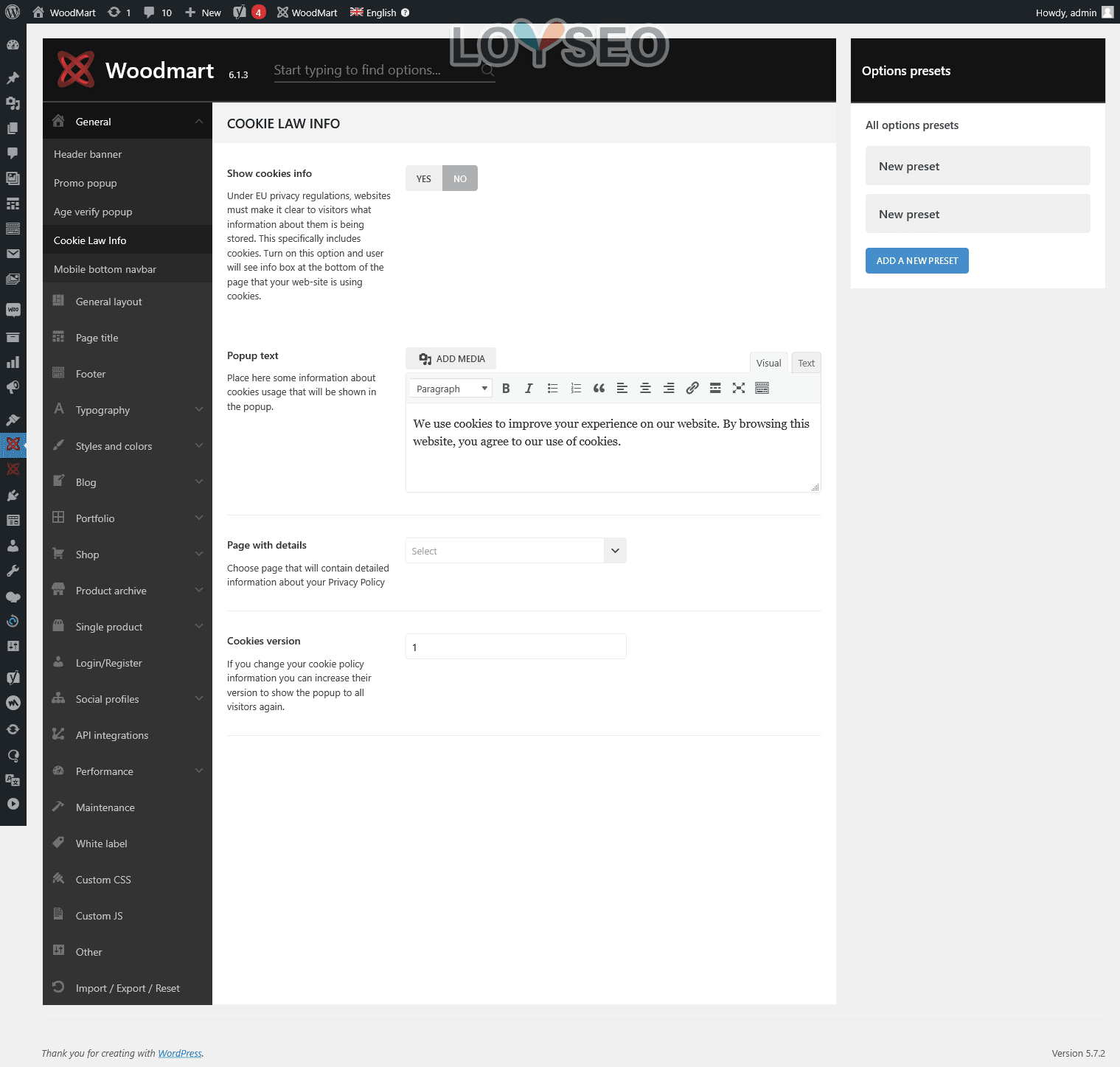 WoodMart主題設置面板