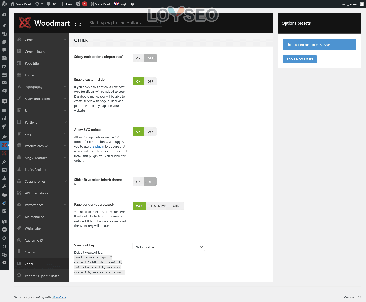 WoodMart主題設置面板