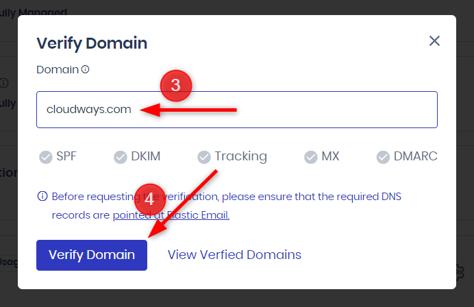 在Cloudways的Elastic Email扩展中验证域名