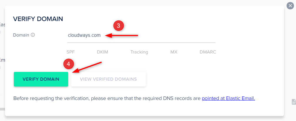 在Cloudways的Elastic Email扩展中验证域名