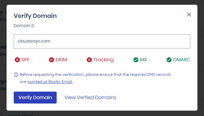 在Cloudways的Elastic Email扩展中验证域名